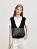 Camiseta de tricô redonda elegante e estilosa com blocos de cor listrados para mulheres, design simples de verão, top de manga curta falso de duas peças