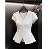 Estilo Minimalista Blanco Nuevo Verano 2026 Camisa de Cuello en V con Dobladillo con Abertura Manga Corta Top para Mujer, Elegante y Adecuado para el Trabajo