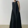 2026 Nuevo Vestido Casual Largo sin Mangas de Algodón y Lino Estilo Coreano Cuello Redondo Holgado Color Sólido Estilo Relajado