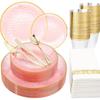 Talheres de Plástico, Prato Satinado Transparente com Borda Dourada, Base Rosa com Prato Dourado, Prato Martelado, Copo, Faca, Garfo, Colher, Conjunto de Papel Sem Poeira