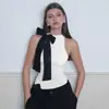 Macacão Sexy Feminino de Verão Europeu e Americano, Cor Contrastante, Sem Mangas, Gola Alta Curta, Pulôver com Laço, Atacado Transfronteiriço