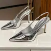 Nueva colección de verano 2026: Tacones plateados de punta alta para mujer con adornos de pedrería, tacones de aguja elegantes y con estilo, sandalias de tacón alto para mujer