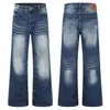 Jeans Retro Americanos Lavados con Onda de Agua Micro-Acampanados para Hombre Azul Profundo Degradado Desgastados con Caída Pierna Ancha Pantalones de Moda