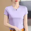T-shirt de pescoço redondo de cor sólida camisa feminina de algodão curto mercerizado camisa de meia manga slim fit emagrecedor primavera e verão nova manga curta