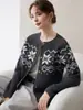 Cardigan de Cashmere Redondo com Padrão de Floco de Neve Geométrico Fair Isle para Mulheres Botão Espessado Suéter Malha Retrô Casaco