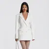 Moda Feminina Estilo Europeu e Americano Novo Blazer Elegante de Lapela Slim-Fit Vestido de Manga Longa com Bolsos Falsos em Preto e Branco