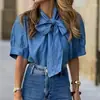 Roupas Femininas Novas da Amazon Transfronteiriça Europeia e Americana Primavera e Verão 2025 Cor Pura Elegante Camisa de Gola Alta Meia Manga com Cadarço