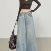 Jeans de perna larga com patchwork de estampa de leopardo estilo retrô para mulheres, adequado para primavera e outono, plus size, corte A solto, moderno, casual, calça reta