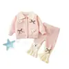 Conjunto de Suéter para Bebé Otoño e Invierno Estilo Nuevo Cardigan de Cuello Invertido Pantalones de Punto Acampanados Conjunto Trendy Estilo Coreano para Bebé Niña Pantalones