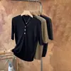 [Procesamiento Personalizado] Camiseta de Punto de Seda de Alta Gama con Cuello en V Manga de Cinco Cuartos Sencilla Camisa Base de Punto de Color Sólido para Mujer