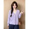 Cardigan de Punto Coreano Morado Taro con Cuello en V para Primavera y Otoño 2026, Suéter Abrigo de Ganchillo Retro Suave para Mujer