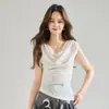 26 Nuevo Top Chaleco de Manga Acampanada Color Caqui Claro Primavera/Verano con Diseño de Cuello Superpuesto Camiseta para Mujer 22771