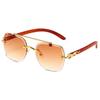 Nuevos Lentes de Sol Personalizados de Moda con Patilla de Grano de Madera, Cabeza de Leopardo, Borde Cortado sin Montura, Doble Puente Metálico, Protección Solar, Gafas Transfronterizas