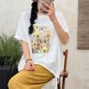 Verano Nuevo Camiseta de Punto de Algodón de Doble Capa Estampada para Mujer, Casual Versátil Holgada Talla Grande Manga Corta Camiseta Top al Mayoreo