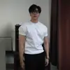 Nueva Camiseta Casual de Algodón Tejido de Canalé Doble Peso Pesado Cuello Redondo Pequeño Holgada Color Sólido Transpirable Puño Manga Corta Cuatro Estaciones