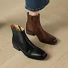 Botines cortos de cuero genuino retro británico, versátiles para otoño e invierno, punta cuadrada, tacón grueso para mujer, comercio exterior transfronterizo, botas Martin negras y marrones