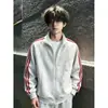 Chamarra con Capucha de Hombro Normal Negra y Roja para Hombre Otoño Calle Alta Americana Cuello Alto Chaqueta de Béisbol Chaqueta de Corte Limpio