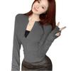 Estilo Picante Cuello Medio Abierto Botón Hombro Ajustado Color Sólido Manga Larga Camiseta para Mujer Otoño Estilo Coreano Ajustado Camiseta Básica Top