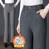 8118 Pantalones de Franela a Rayas y Cuadros Forrados de Lana Elásticos para Mujer de Mediana Edad Pantalones Elásticos de Microfibra para Mujer de Mediana Edad