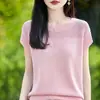 Nueva Camiseta de Punto para Mujer Primavera/Verano 2026, Tencel Lino, Cuello Redondo, Manga Corta, Color Sólido, Calado, Holgada, Capa Base