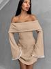 Vestido de Malha com Renda, Acinturado, Sexy, Ombro a Ombro, Manga Sino, Moda Francesa, Saia para Mulheres, Cruzamento Europeu e Americano 2024