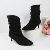 Comercio Exterior 2026 Otoño/Invierno Europeo y Americano Botines de Tobillo Fruncidos de Gamuza con Tacón de Aguja y Punta Fina Talla Grande Botas Holgadas Botas de Moda para Mujer