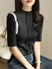 Camiseta básica retro de manga corta para mujer, cuello alto medio de alta gama, manga tres cuartos, camiseta de punto ajustada A7691