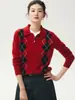 26 Suéter Nuevo de Punto Cachemir para Mujer Cuello Polo Patrón de Diamantes Moda Manga Larga Camiseta Base de Cachemir