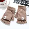 Luvas de lã felpuda para outono e inverno, com meio dedo flip, para homens e mulheres, quentes, grossas, fabricantes de bolsas, dedo vazado, imitação de pele de mink, totalmente em nylon