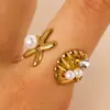 Anel de Aço Inoxidável com Pérola de Zircônia Estilo Oceano Cruzado Europeu e Americano Anel de Estrela do Mar Concha Búzio Joia de Mão Elegante para Mulheres