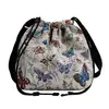 2025 Nueva Bolsa de Lona Bordada con Mariposas de Gran Capacidad Verano Cordón Estilo Nacional Artística Bolso de Hombro Bolso Cubo para Viajes
