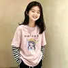 Camiseta de Manga Larga de Algodón Puro para Niñas Primavera y Otoño Estilo Coreano Moderna Estampado de Dibujos Animados Top para Niños Medianos y Grandes Capa Base Falso Dos Piezas