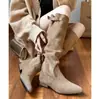 Primer Encuentro Botas Apiladas Nuevas Retro de Temporada para Mujer Estilo Francés Tacón Alto Ante Caqui Botas Largas