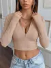 Camiseta de Moda de Primavera para Mujer de Amazon Europeo y Americano, Nueva, de Manga Larga, con Cremallera, Cuello Semiabierto, Corta, Versátil, Ajustada