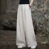 004 Pantalones anchos de algodón y lino para mujer, pantalones casuales, estilo étnico retro artístico, pantalones anchos fluidos, color camel, color lino natural