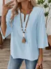 Top de mujer de comercio exterior europeo y americano para primavera/verano de Amazon, de color liso, corte holgado, escote en V pequeño, manga de tres cuartos, con ribete de encaje