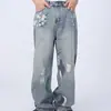 Jeans Rotos Estilo Retro Americano Graffiti para Hombre Pantalones de Pierna Ancha Sueltos Estilo Callejero Vibe High Street Pantalones Casuales Rectos