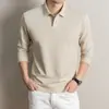 Camisa polo de algodón con tejido de canalé y manga larga para hombre, nuevo estilo otoño 2026, camiseta casual de negocios bordada para hombre