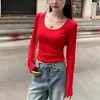 Camiseta de algodón acanalado de manga larga para mujer, nuevo estilo primavera y otoño, cuello en U revelador de clavícula sexy, top básico versátil