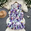 Vestido Floral Estilo Romântico Francês com Manga Bufante para Mulheres 2026 Outono Decote V Cintura Marcada Emagrecedor Elegante Chiffon Saia Evasê