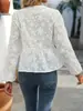 Cárdigan de Encaje Floral Bordado Blanco Dulce Estilo Francés para Mujer con Cuello Cuadrado, Mangas de Farol, Ceñido a la Cintura, Adelgazante y Elegante