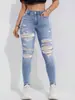 Calças Jeans Rasgadas Grandes, Calças de Cintura Alta Elásticas Slim Fit, Venda por Atacado de Fábrica, Itens em Estoque Transfronteiriços Europeus e Americanos