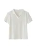 Camiseta de Lino y Seda con Solapa de Manga Corta para Mujer 2026 Verano Nuevo Estilo Cuello en V Holgada Minimalista Color Sólido Versátil Top Casual