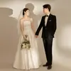 Vestido de Casamento Leve Estilo Francês para Noivas, Simples Vestido Tomara que Caia, Vestido Longo de Cetim Super Feérico com Tema de Floresta, Vestido para Recepção para Figuras Baixinhas