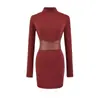 Vestido Nuevo de Manga Larga y Cuello Medio para Otoño e Invierno 2025 Estilo Europeo y Americano Cintura Alta con Tiras Falda de Cuero Sexy Ultra Corta para Cadera