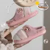 Lindas pantuflas de algodón con diseño de oso de dibujos animados para mujer, para otoño e invierno, forradas de felpa, cálidas, de punta cerrada, suela gruesa, antideslizantes, pantuflas de felpa