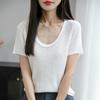 Estilo Nuevo de Verano Hombro Derecho Cuello en U Manga Corta Tejido para Mujer Color Puro Holgado Suéter Camiseta Básica Adelgazante Top para Poner Debajo