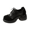 Estilo britânico de sola grossa e salto grosso com cadarço para mulheres 2024 outono novo couro macio bico redondo salto alto boca profunda sapatos pequenos de couro