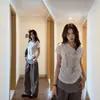 Camiseta Retro Puro Desejo Levemente Transparente de Manga Curta para Mulheres, Novo Top Curto Ajustado na Cintura para o Verão de 2026