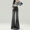 Calça boca de sino preta e cinza para mulheres, tendência 2026 e versátil, nova calça alta slim fit petite de outono